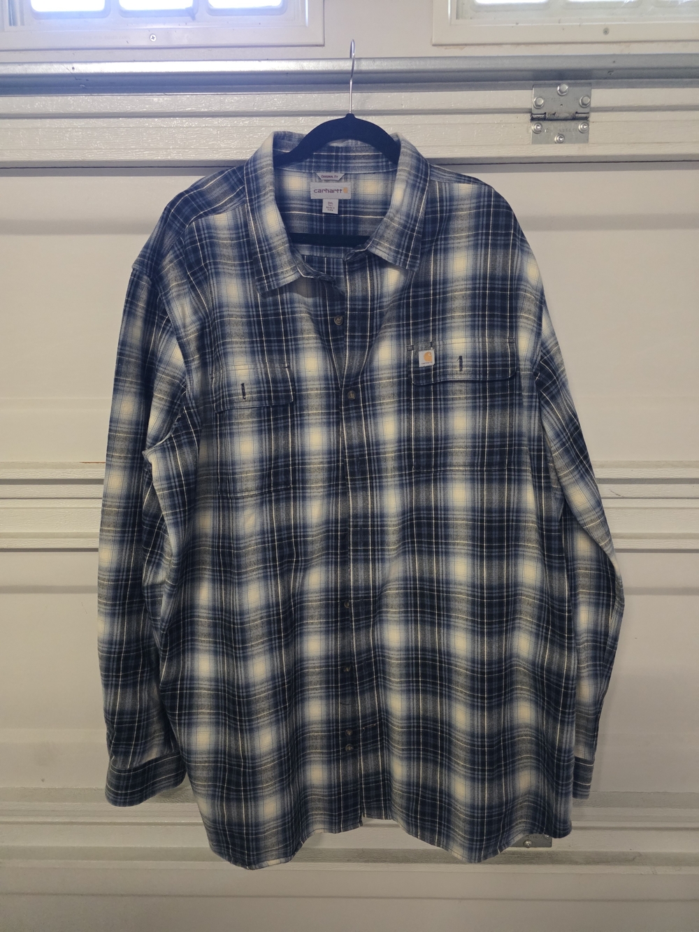 Carhartt Men’s Navy and White Plaid Button-Down Shirt